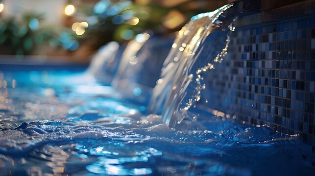 Waterfalls in an indoor spa pool with blue tiles, captured in the style of evening light.