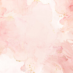Pastel peachy watercolor fluid painting vector design card. Peachy fuzz and white marble golden geode frame. Spring wedding invitation. Petal or veil texture. Dye splash style. Isolated and editable