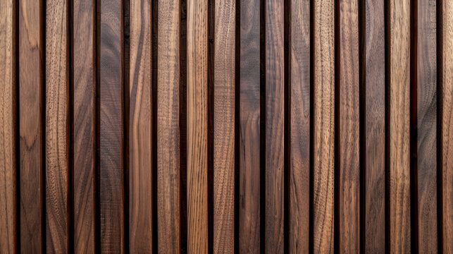 High-resolution vertical walnut wood slat texture for elegant interior design, background, or pattern with natural grain detail.