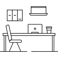 Office interior design with table, chair, laptop, monitor, books and document folder line art vector illustration.