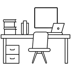 Office interior design with table, chair, laptop, monitor, books and document folder line art vector illustration.