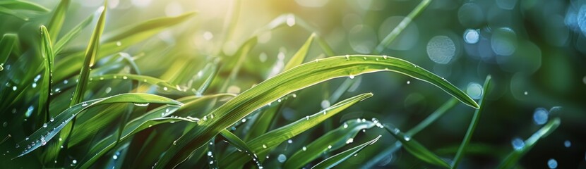 Obraz premium Dewy Green Grass Blades in the Morning Sunlight
