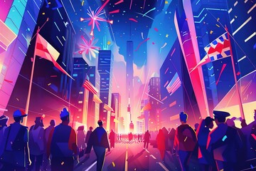 Vibrant cityscape provides backdrop for independence day parade