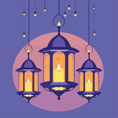 Obraz premium vector ramadan kareem lanterns flat vector illustration with purple background