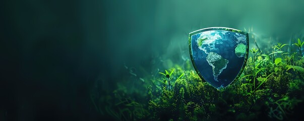 A shield symbol with a picture of a world map in the photo above green grass on a black background
