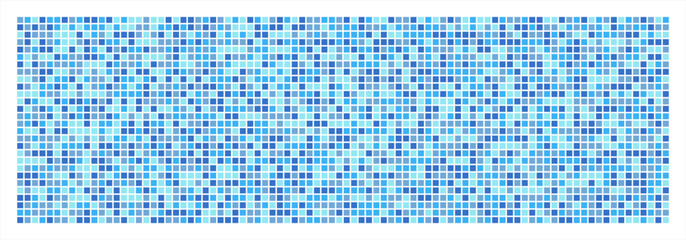 Tiny, very small colorful squares geometric abstract text background. Long banner shape. Chaotic 4-color checkered mosaic decoration, swimming pool ceramic tile imitation, watery template. Blue colors