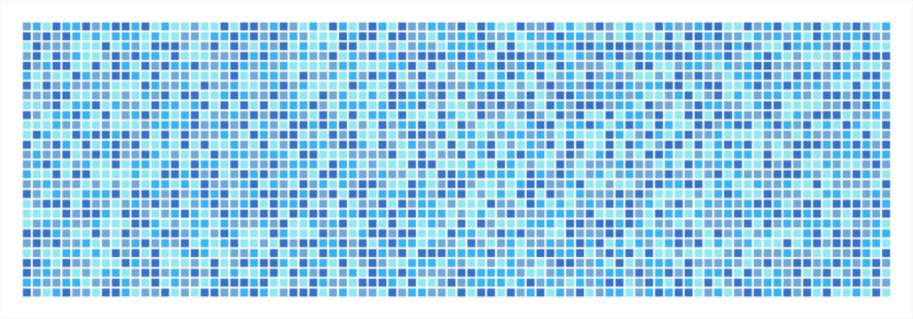 Tiny, very small colorful squares geometric abstract text background. Long banner shape. Chaotic 4-color checkered mosaic decoration, swimming pool ceramic tile imitation, watery template. Blue colors