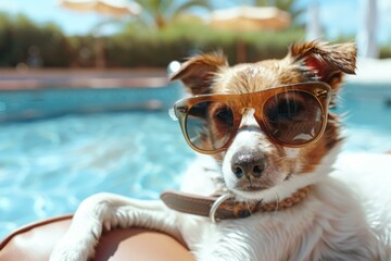 Stylish and trendy domestic dog wearing adorable sunglasses while relaxing poolside on a sunny summer day. Enjoying a leisurely time in the warm weather. Sunbathing and swimming in the cool water