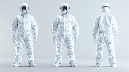 Three people in protective full-body suits. Front, side, and back views. Concept of safety, sanitation, and hazard control.