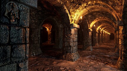 Naklejka premium Ornate stone dungeon walls with archways under torchlight, revealing ancient construction.