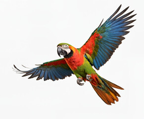 Fototapeta premium Colorful scarlet macaw parrot flying on white background
