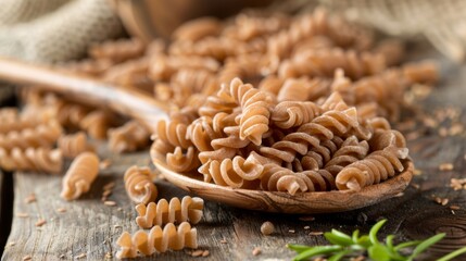 Fototapeta premium Whole grain fusilli pasta in a wooden spoon on rustic background