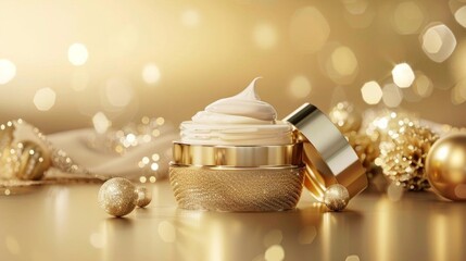 3D illustration of hydrating cream ads The scene features a golden cream jar with an open lid