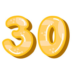 Number 30 vector illustration, colorful number 30 thirty image, yellow color on white background