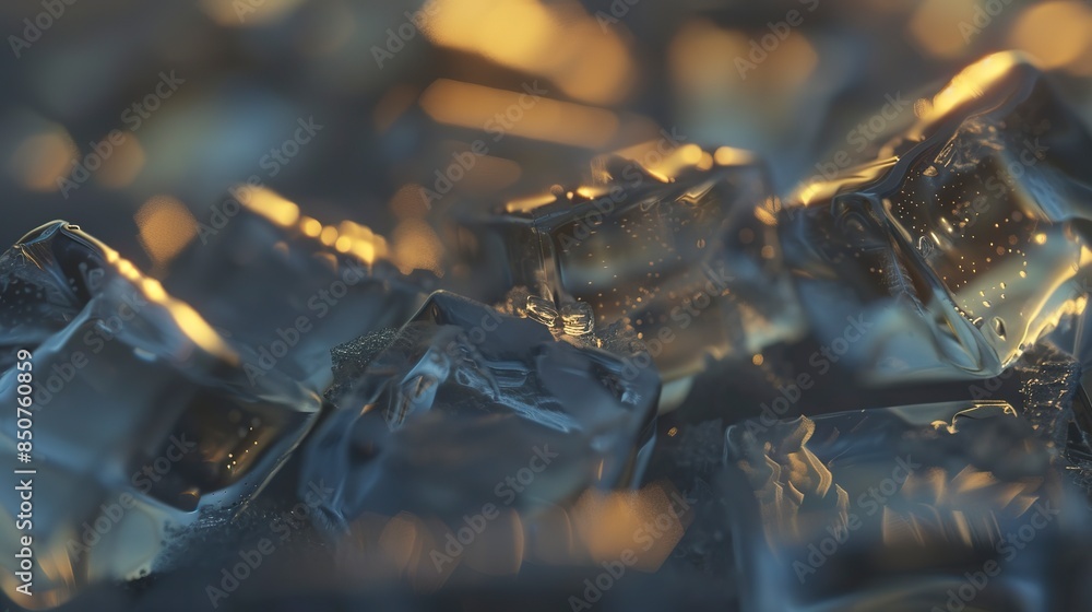 Poster close-up of ice cubes, soft evening light, transparent with sharp angles and smooth surfaces.