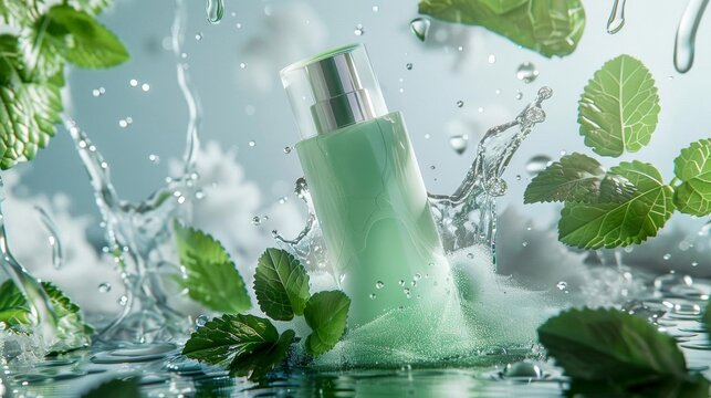 3D skincare poster for a facial cleanser The bottle is surrounded by fresh mint leaves and splashes of water Clean, bright lighting to emphasize freshness
