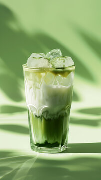 A refreshing iced matcha latte served in a clear glass. The drink features a layer of frothy milk and ice cubes. The glass is set against a pastel green background