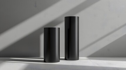 Obraz premium Two sleek black cylindrical pedestals positioned in a harmonious layout, backdrop with subtle shadow play and soft lighting. a sophisticated stage for showcasing jewelry or high-end electronics.