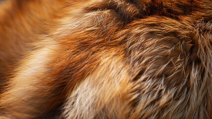 Close-up of fox fur, bright daylight, vibrant and bushy with rich orange hues. 