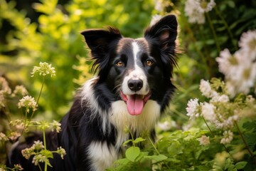 Portrait of a cute border collie in front of lush green garden