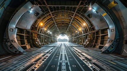 A cross section of a transport plane shows a cargo bay alone with warm lighting.