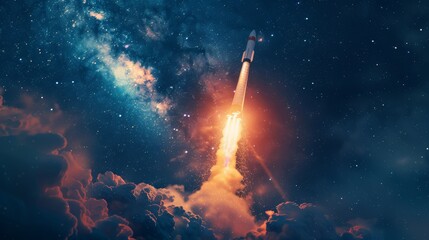Rocket launch into celestial expanse epitomizes aspiration, innovation, and uncharted frontiers.