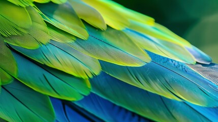 Obraz premium Close-up of parrot feather, gentle natural light, vivid green and blue hues with smooth texture. 