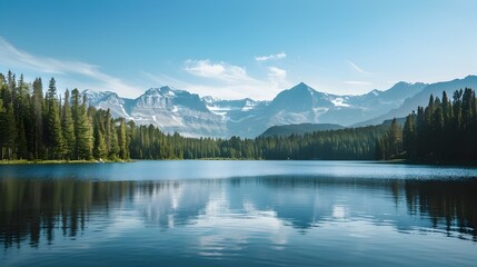 Breathtaking Serene Lake Nestled Amidst Towering Pine Trees and Snow-Capped Mountains Under Clear