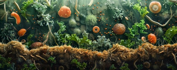 Scientifically illustrated soil microorganisms actively decompose organic matter.