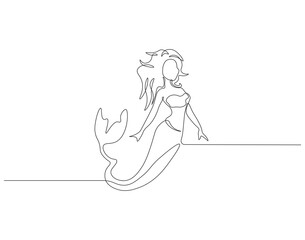 Continuous one line drawing of mermaid. One line drawing illustration of mermaid swim. Mythological creatures concept continuous line art. Editable outline.