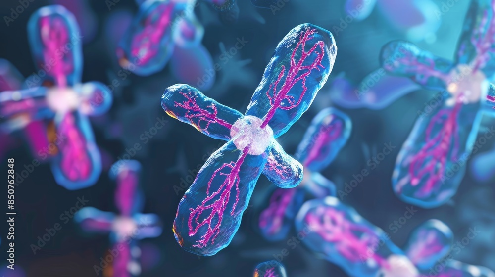 Wall mural a 3d illustration of a chromosome in a microscopic view. this illustration shows the dna structure o