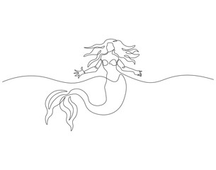Continuous one line drawing of mermaid. One line drawing illustration of mermaid swim. Mythological creatures concept continuous line art. Editable outline.