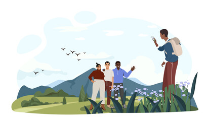 Tourists hiking concept. Men and women with backpacks walk in mountains. Active lifestyle and leisure. Hikers and campers outdoors. Travelers in wilderness. Cartoon flat vector illustration