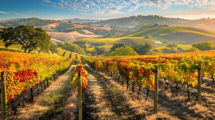 Fototapeta premium Stunning Autumnal Vineyard with Ripe Grapes and Vibrant Foliage in Rolling Countryside Landscape