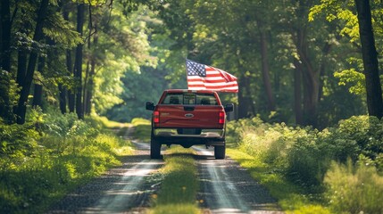 Striking American flag adorns pickup truck against verdant backdrop, conveying a sense of patriotism and solitude.