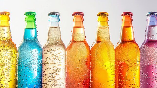 Studio-lit image of an assortment of plain and flavored water bottles, some sparkling and others still, set against an isolated white background.