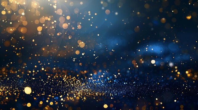 abstract background with Dark blue and gold particle Christmas Golden light shine particles bokeh on navy blue background Gold foil texture Holiday concept