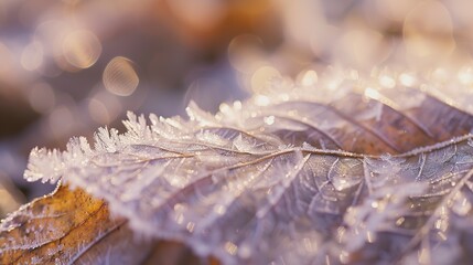Close-up of ice on a leaf, bright daylight, thin and translucent layer with fine details. 