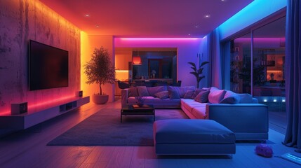 Modern Living Room with Colorful LED Lighting