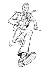 Young businessman in a hurry. Runs at high speed. Stress and being late for work. Humorous picture. Cartoon vector black and white illustration. Pop art drawn outline style