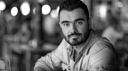 Obraz premium Black and White Portrait of a Man Sitting in a Café