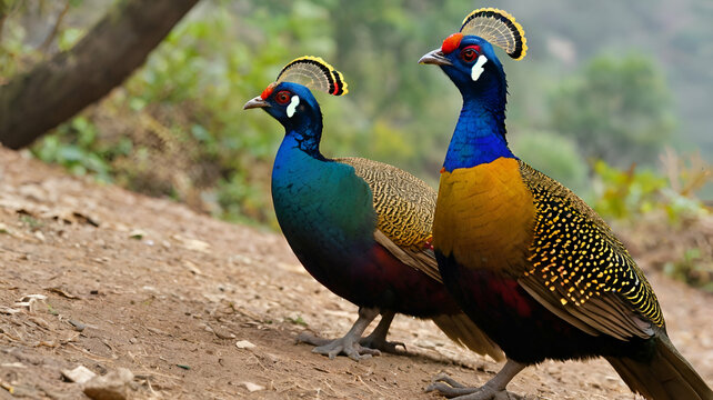 Himalayan Manual Pheasants Himalayan monal, Lophophorus impejanus, Impeyan pheasant landscape green grass GENERATE AI,
