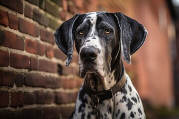 Portrait of a happy great dane while standing against vintage brick wall