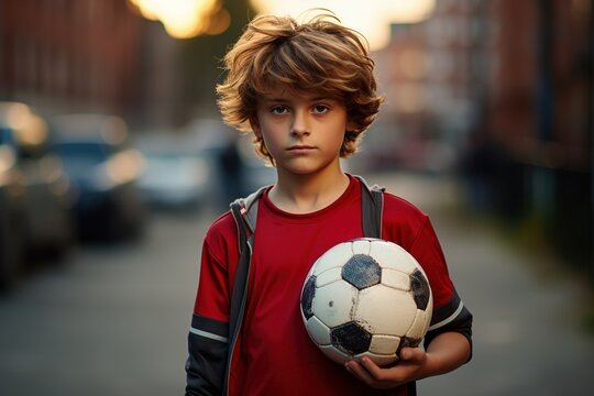 A young boy is holding a soccer ball and wearing a red shirt