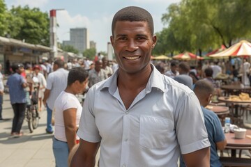 A man is smiling in front of a crowd of people