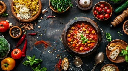 Top view of Minestrone soup with vegetables, legumes, pasta, herbs, and Parmesan