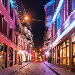 Naklejka premium Fictional, charming empty street is glowing at night with vibrant pink and blue lights illuminating the buildings and cobblestone street