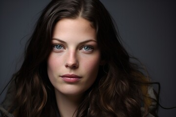 Fototapeta premium A woman with long brown hair and blue eyes is looking at the camera