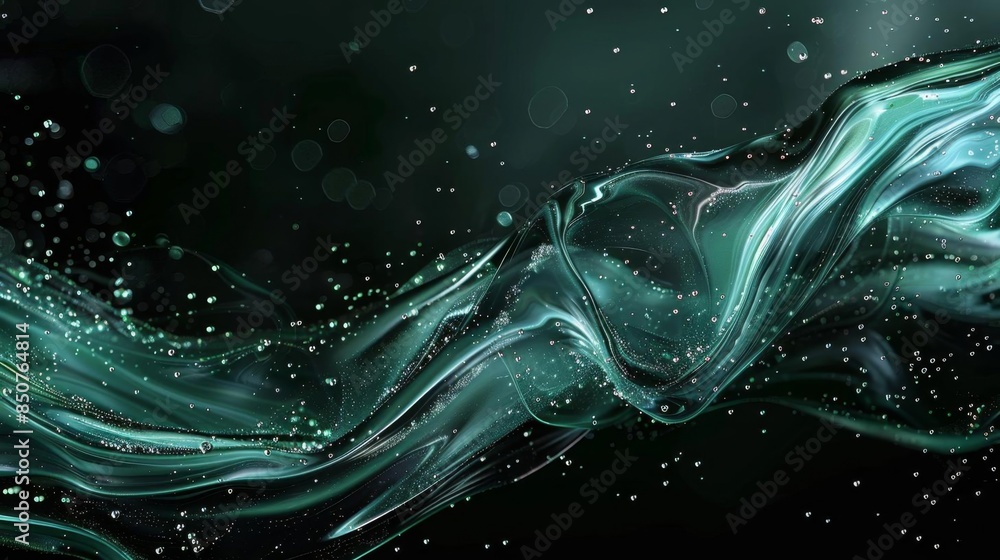 Poster abstract teal-green fluid motion with particle effects on a dark background, creating an elegant and