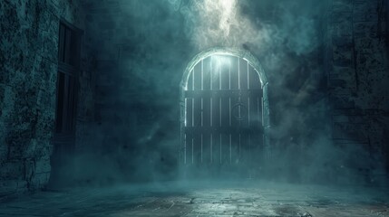 Unsettling atmosphere in a dungeon as dim light seeps through an open door, illuminating a sinister ring gate amidst smoke and cobwebs.